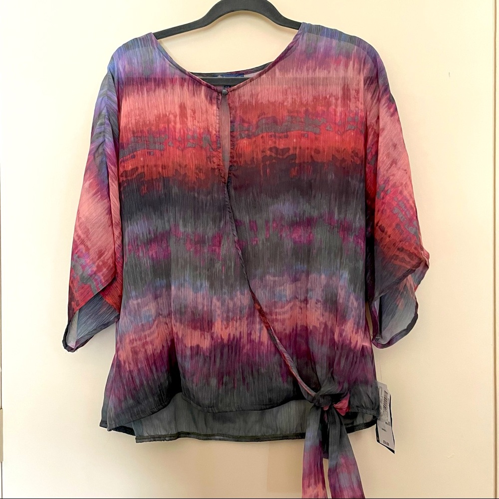 NWT Sheer Blouse asymmetric tie waist watercolor